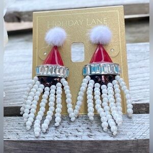 NWT HOLIDAY LANE SILVER TONE CRYSTAL, BEAD AND POM-POM SANTA EARRINGS